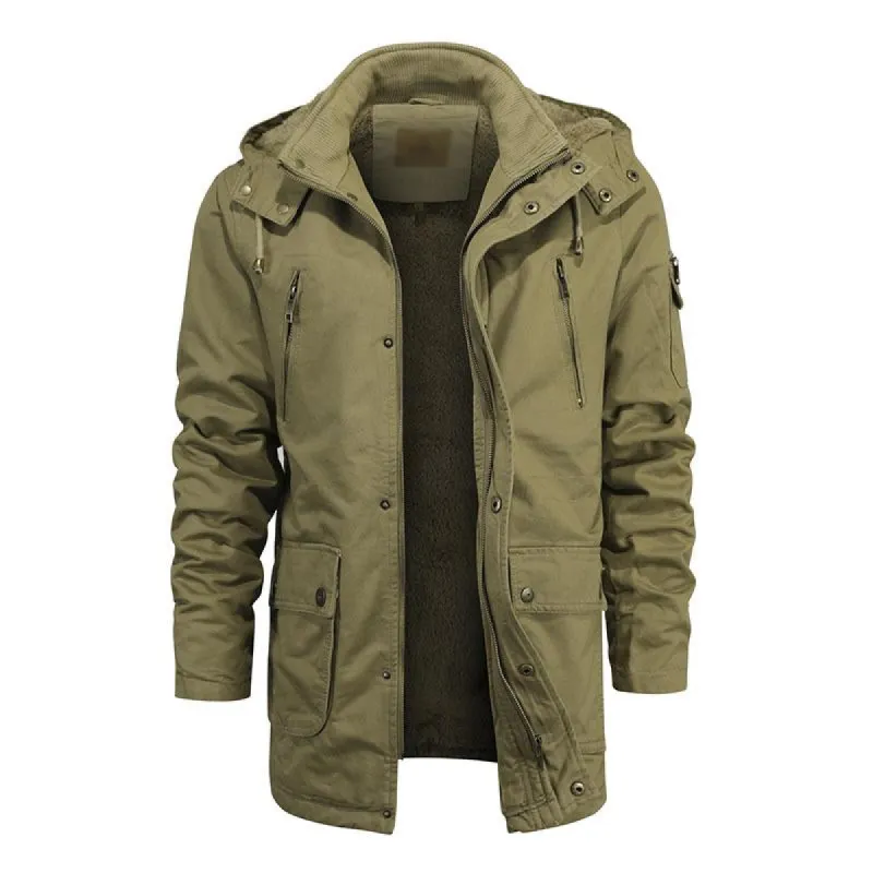 Men's Casual Cotton Multi-Pocket Hooded Zipper Fleece Lined Warm Mid-Length Coat 66242493M sold by Manly
