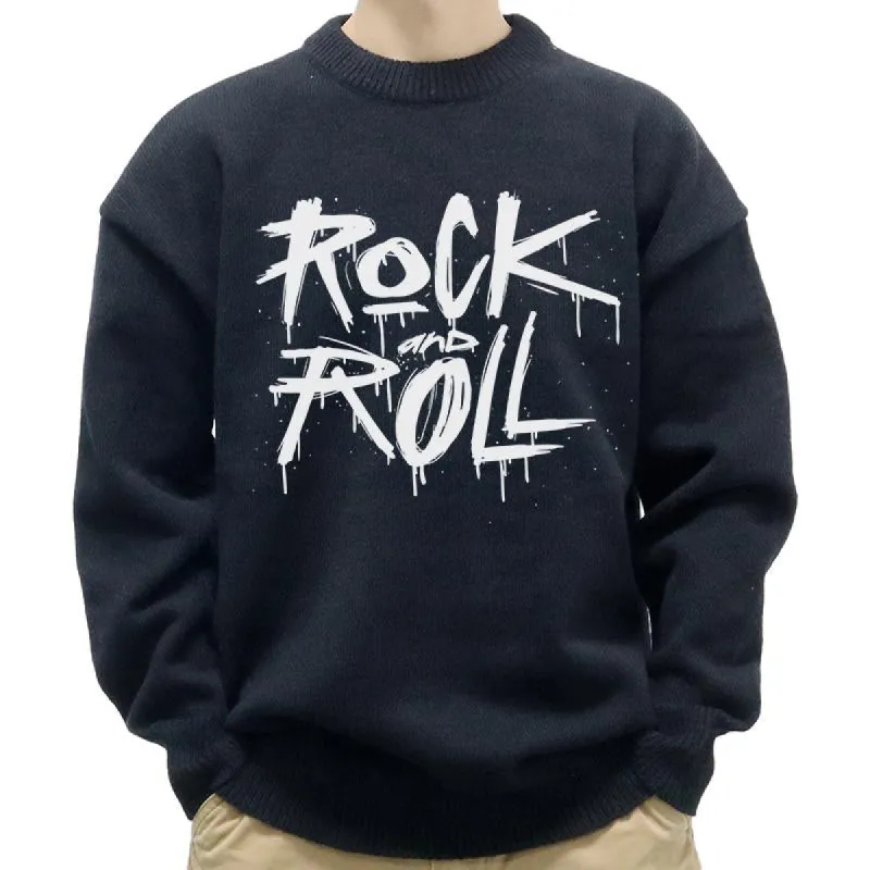 Men's Casual Round Neck Rock And Roll Print Long Sleeve Pullover Sweater 01398827M sold by Manly