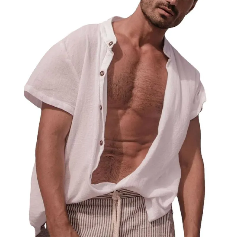 Men's Casual Stand Collar Loose Short Sleeve Shirt 86157213M sold by Manly