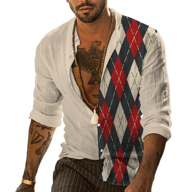 Men's Retro Diamond Color Block Stand Collar Long Sleeve Shirt 91060260TO sold by Manly