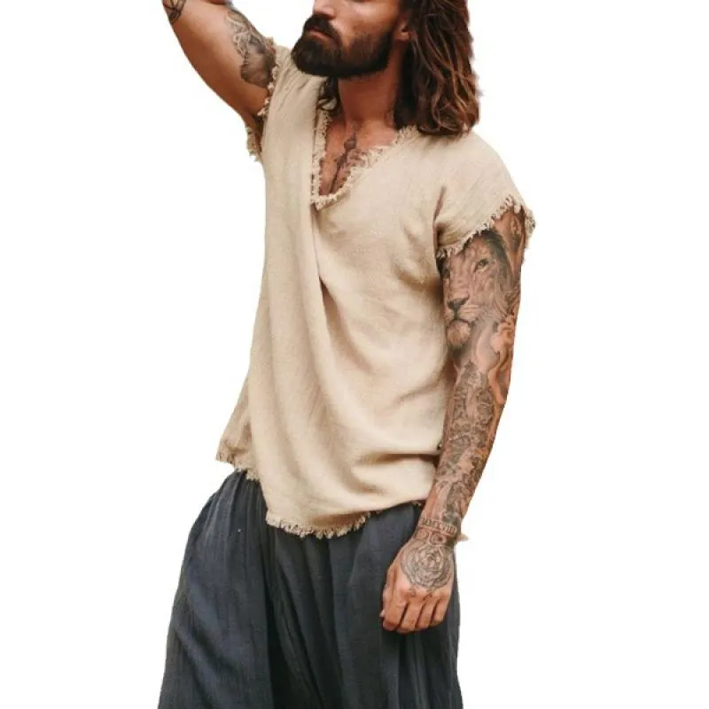 Men's Solid Loose Raw Edge V Neck Casual Tank Top 30892680Z sold by Manly