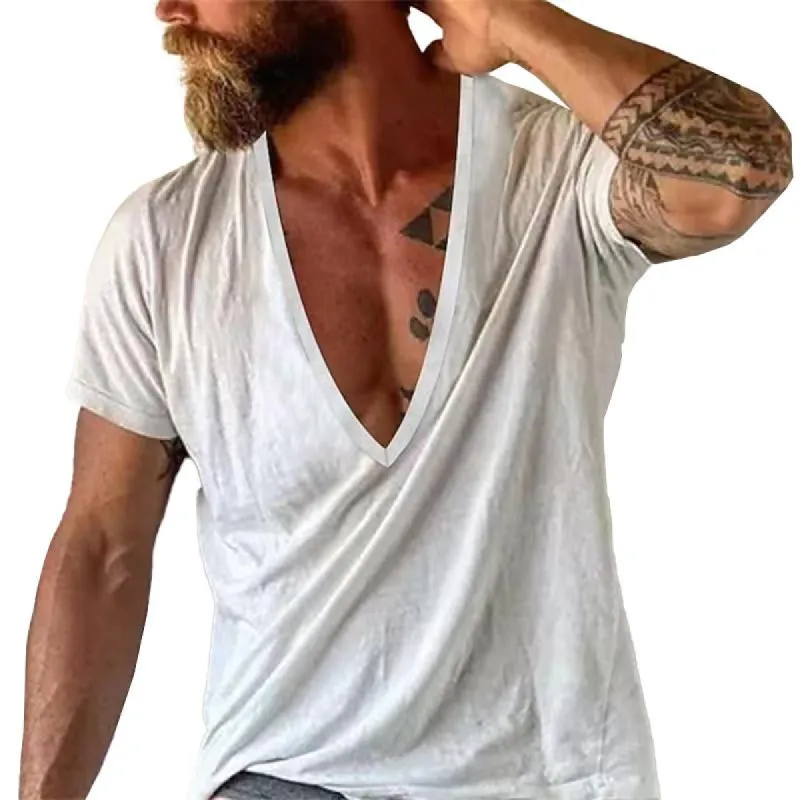 【24-hour shipping out】Men's Casual Solid Color Breathable Cotton V-Neck Short-Sleeved T-Shirt 19594146M sold by Manly