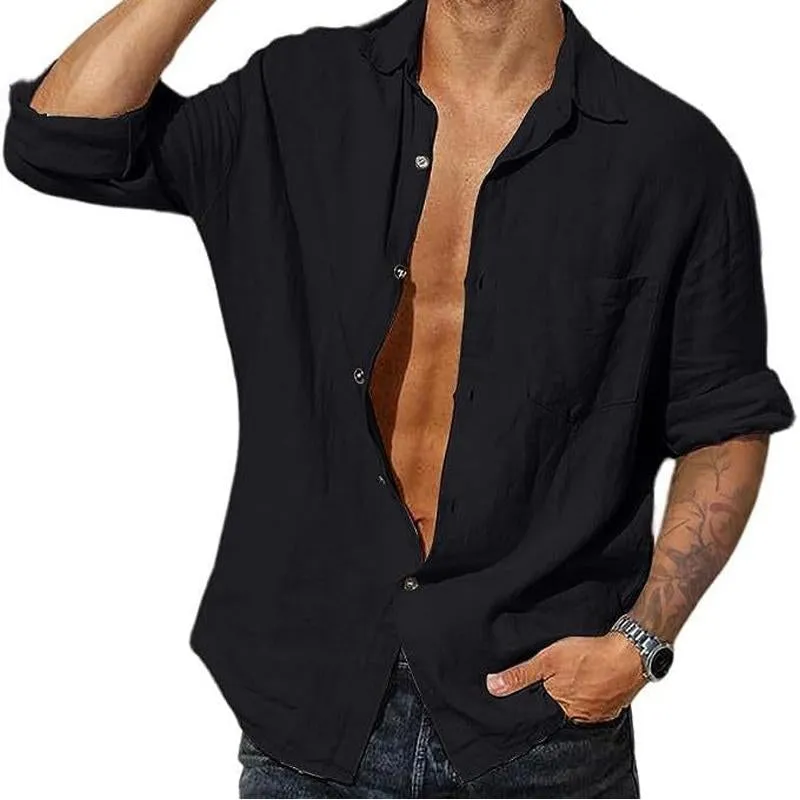 Men's Vintage Solid Linen Pocket Long Sleeve Shirt 32093917Y sold by Manly product image thumbnail 4