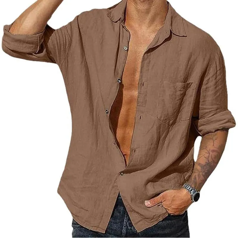Men's Vintage Solid Linen Pocket Long Sleeve Shirt 32093917Y sold by Manly product image thumbnail 5