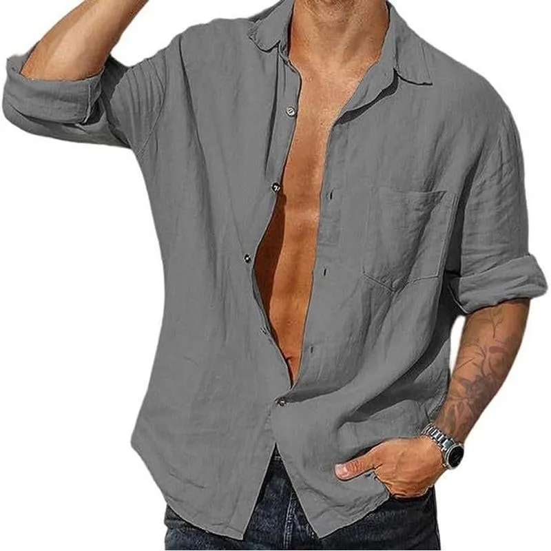 Men's Vintage Solid Linen Pocket Long Sleeve Shirt 32093917Y sold by Manly product image thumbnail 2