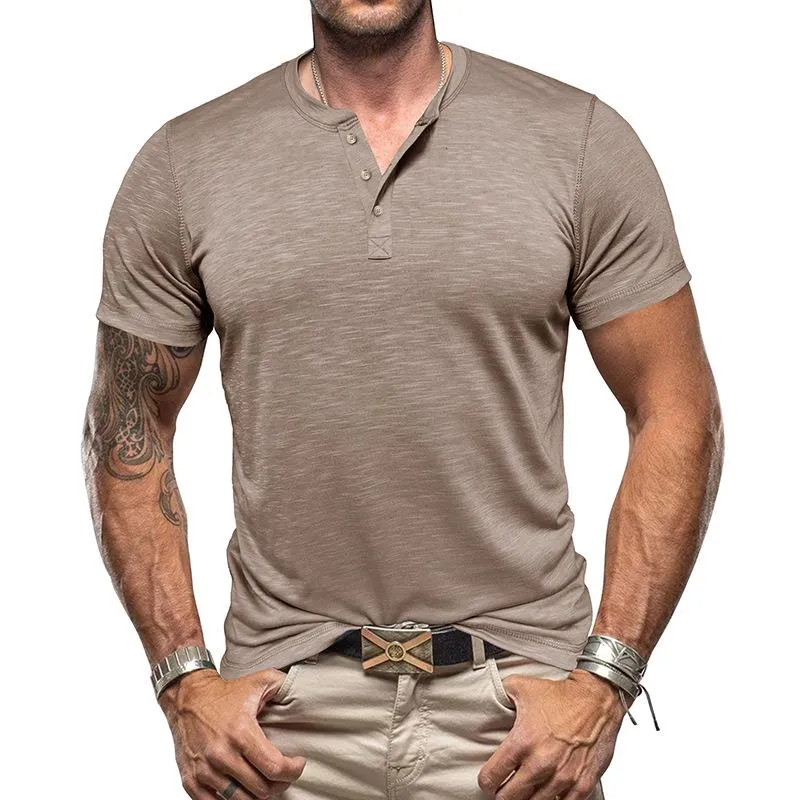 Men's Casual Solid Color Henley Collar Short Sleeve T-Shirt 36614697M sold by Manly