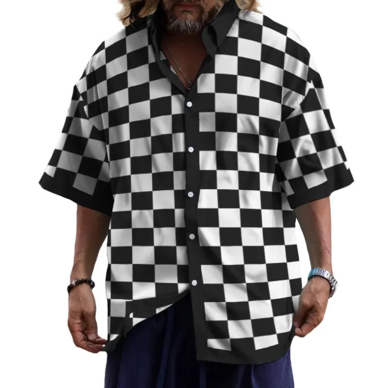 Men's Casual Checkerboard Lapel Short Sleeve Shirt 95155459TO sold by Manly