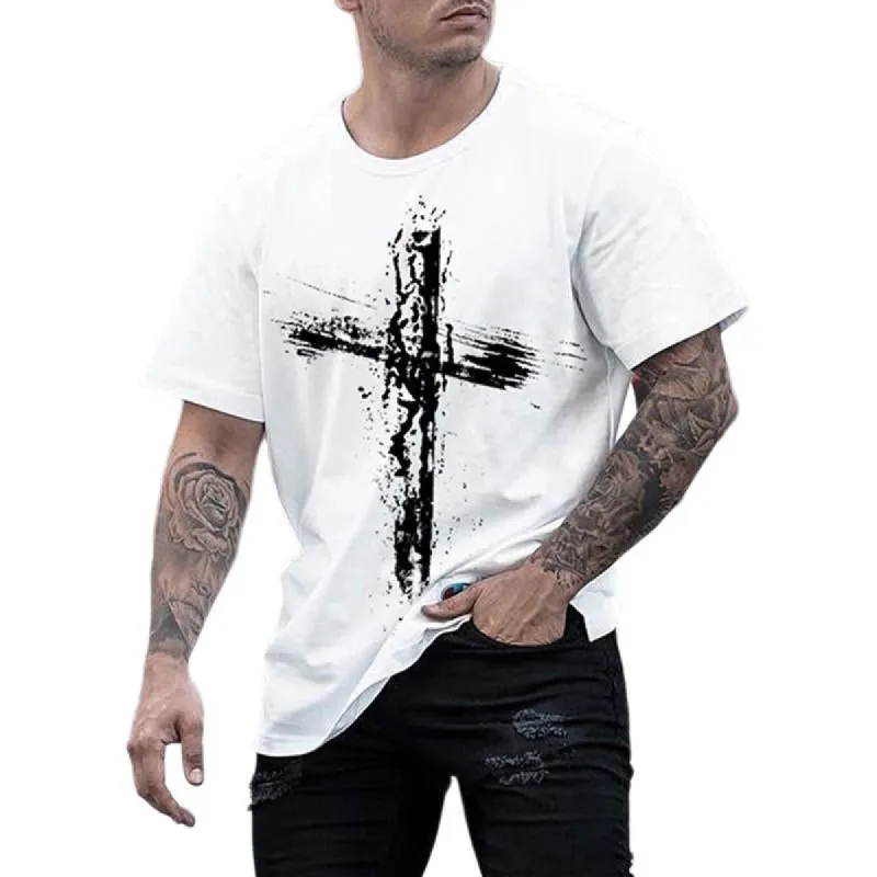 Men's Loose Cross Print Short Sleeve T-Shirt 65864583X sold by Manly