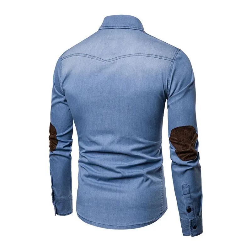 Men's Vintage Suede Color Block Washed Denim Long Sleeve Shirt 40200530M sold by Manly product image thumbnail 5