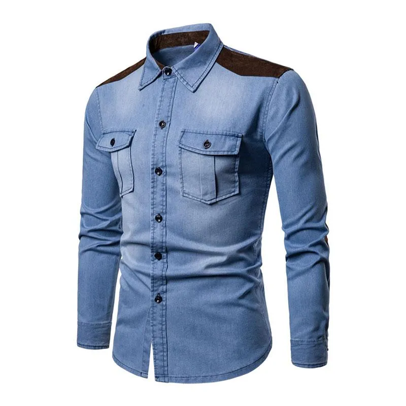 Men's Vintage Suede Color Block Washed Denim Long Sleeve Shirt 40200530M sold by Manly product image thumbnail 4