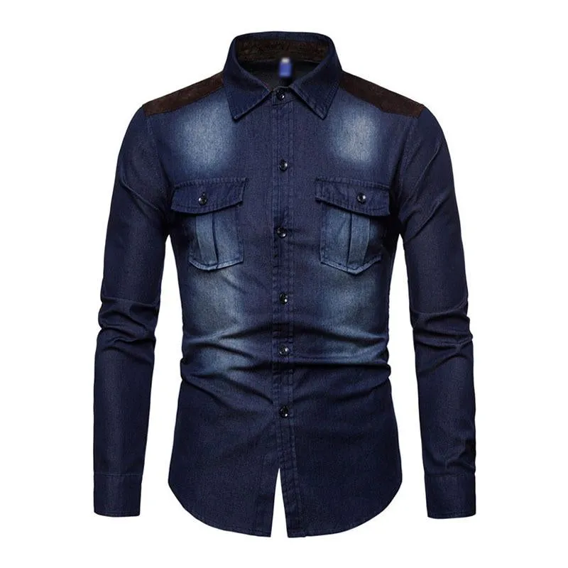 Men's Vintage Suede Color Block Washed Denim Long Sleeve Shirt 40200530M sold by Manly product image thumbnail 2