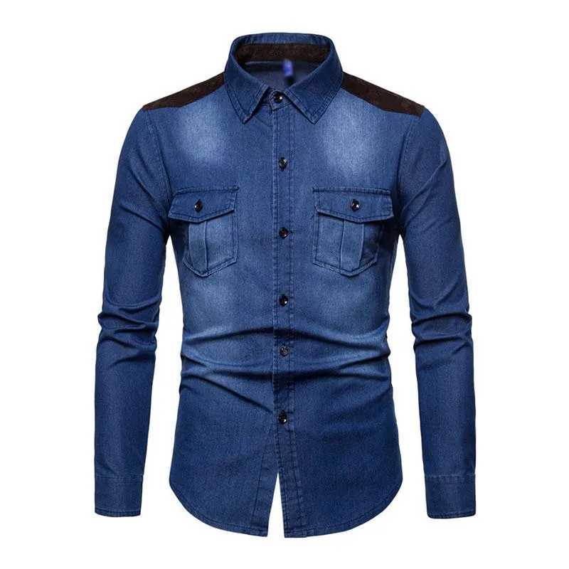 Men's Vintage Suede Color Block Washed Denim Long Sleeve Shirt 40200530M sold by Manly