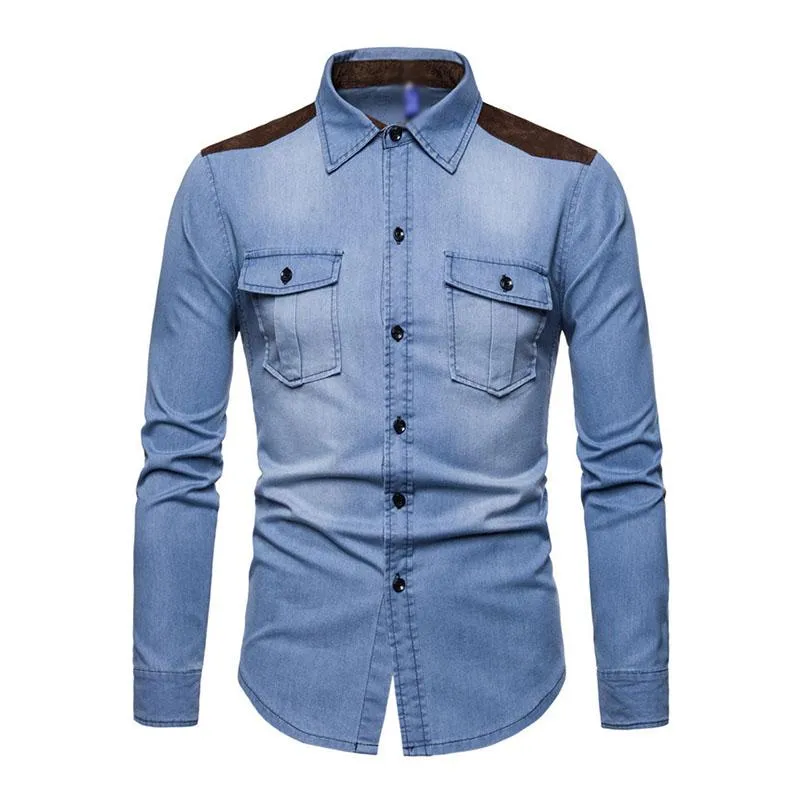 Men's Vintage Suede Color Block Washed Denim Long Sleeve Shirt 40200530M sold by Manly product image thumbnail 3