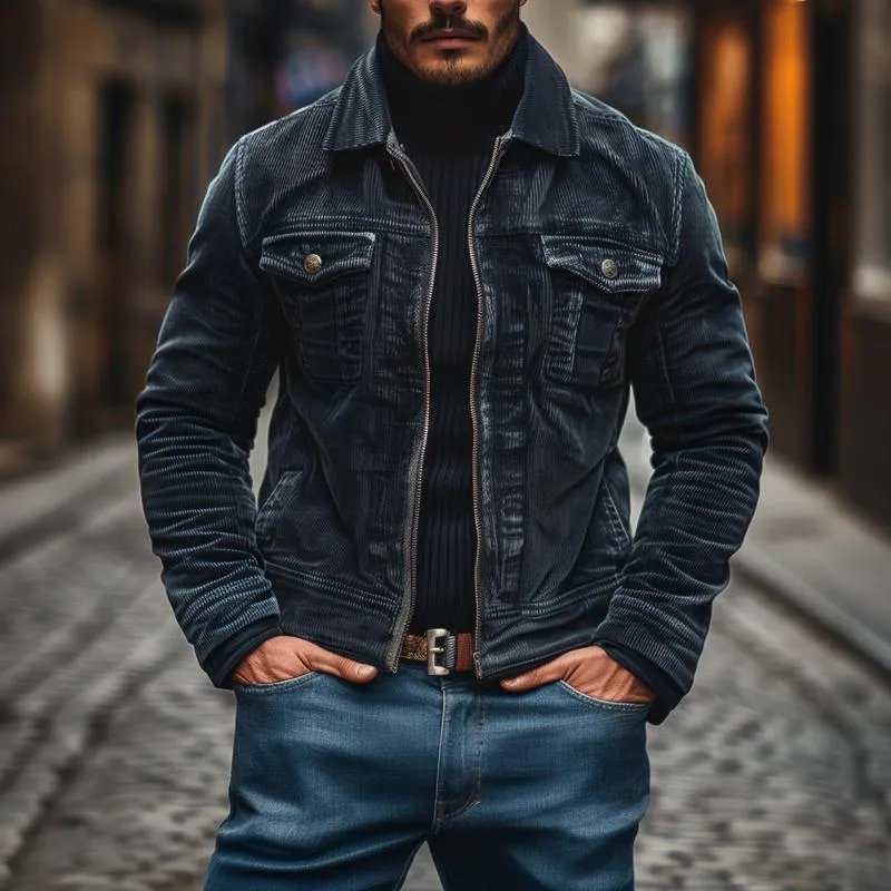 Men's Vintage Lapel Corduroy Zippered Slim Jacket 80175085M sold by Manly product image thumbnail 2