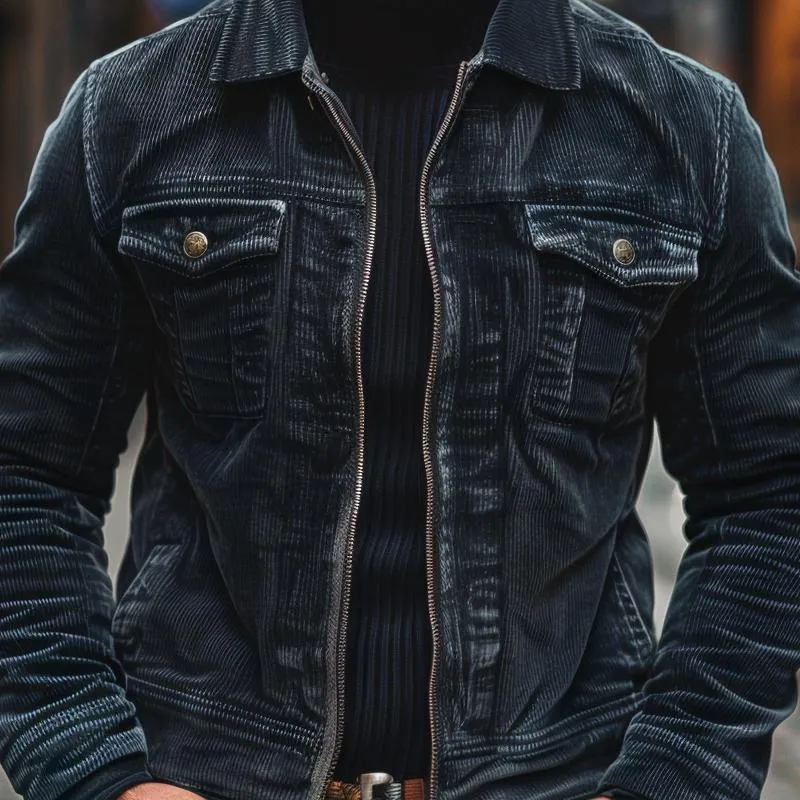 Men's Vintage Lapel Corduroy Zippered Slim Jacket 80175085M sold by Manly product image thumbnail 3