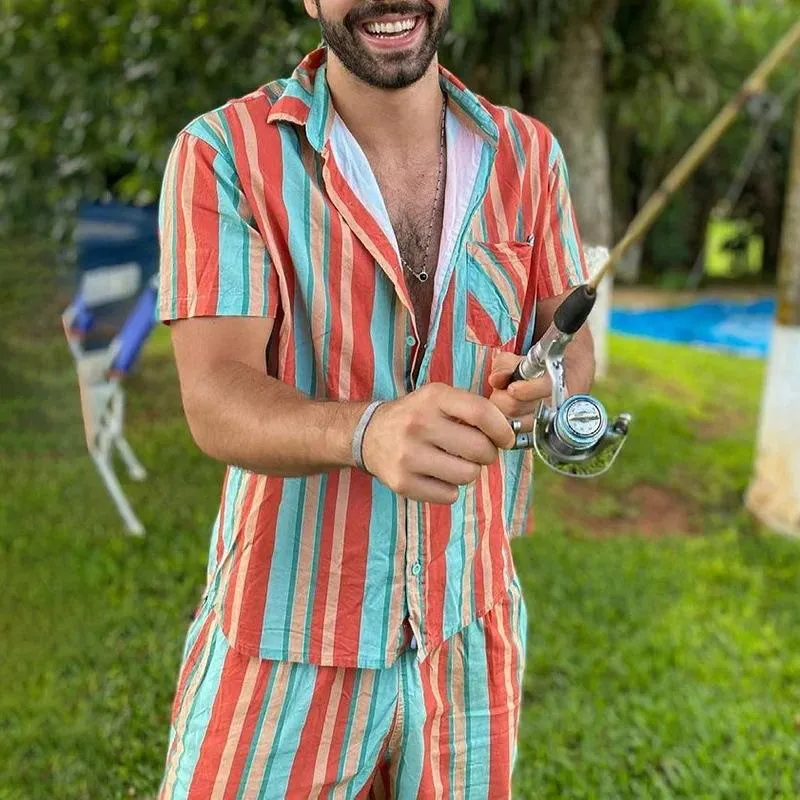 Men's Colorblock Striped Print Short-Sleeved Shirt And Shorts Set 95112655Y sold by Manly product image thumbnail 3