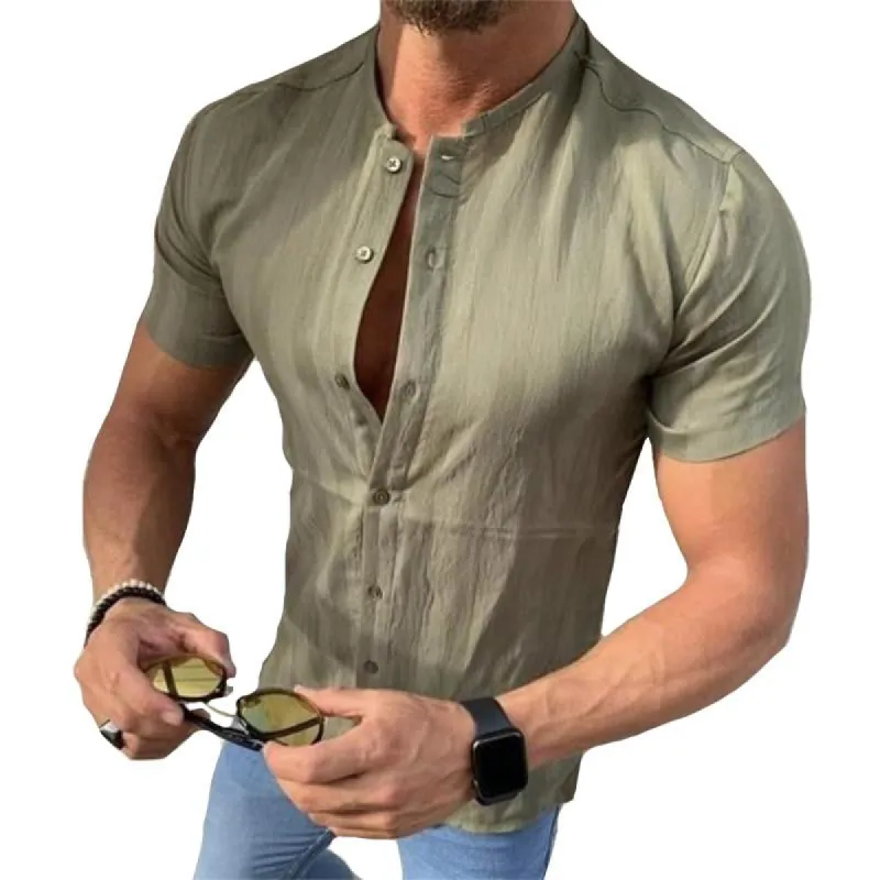 Men's Vintage Cotton and Linen Lapel Short-sleeved Shirt 30375054TO sold by Manly