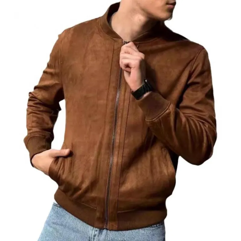 Men's Fashion Suede Stand Collar Zip Casual Jacket 52044731Z sold by Manly