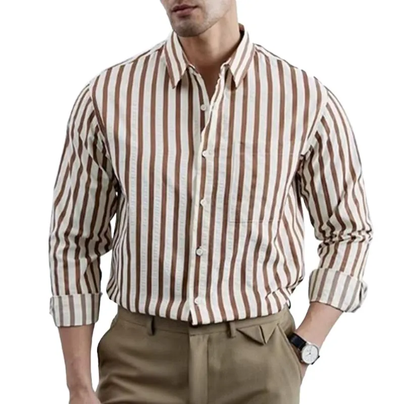 Men's Striped Lapel Long Sleeve Single Breasted Casual Shirt 05514519Z sold by Manly
