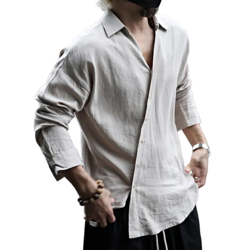 Men's Casual Retro Solid Color Lapel Long Sleeve Shirt 28327442TO sold by Manly