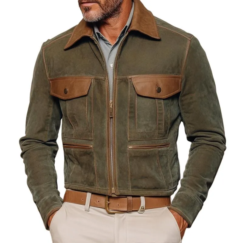 Men's Fashion Suede Colorblock Lapel Chest Pocket Zipper Cargo Jacket 78616494Z sold by Manly