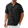 Men's Cotton And Linen Round Neck Single Breasted Short Sleeve Shirt 50135764Y sold by Manly