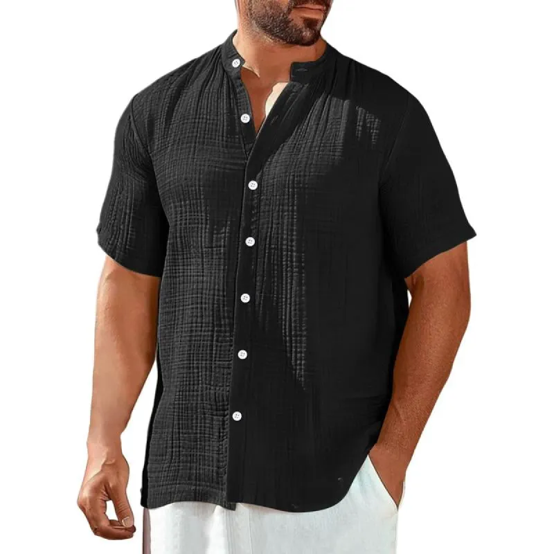 Men's Cotton And Linen Round Neck Single Breasted Short Sleeve Shirt 50135764Y sold by Manly