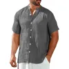 Men's Cotton And Linen Round Neck Single Breasted Short Sleeve Shirt 50135764Y sold by Manly