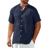 Men's Cotton And Linen Round Neck Single Breasted Short Sleeve Shirt 50135764Y sold by Manly