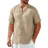 Men's Cotton And Linen Round Neck Single Breasted Short Sleeve Shirt 50135764Y sold by Manly