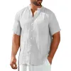 Men's Cotton And Linen Round Neck Single Breasted Short Sleeve Shirt 50135764Y sold by Manly