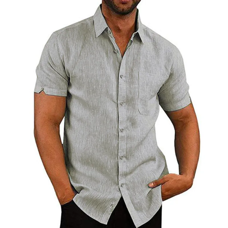 Men's Lapel Solid Color Short Sleeve Button Linen Shirt 76966962M sold by Manly
