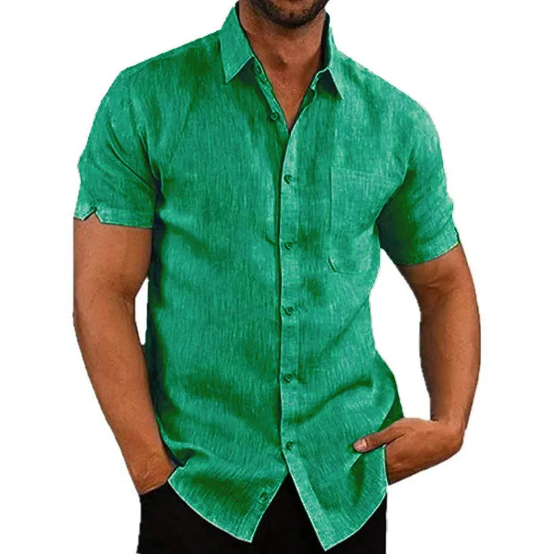 Men's Lapel Solid Color Short Sleeve Button Linen Shirt 76966962M sold by Manly product image thumbnail 5