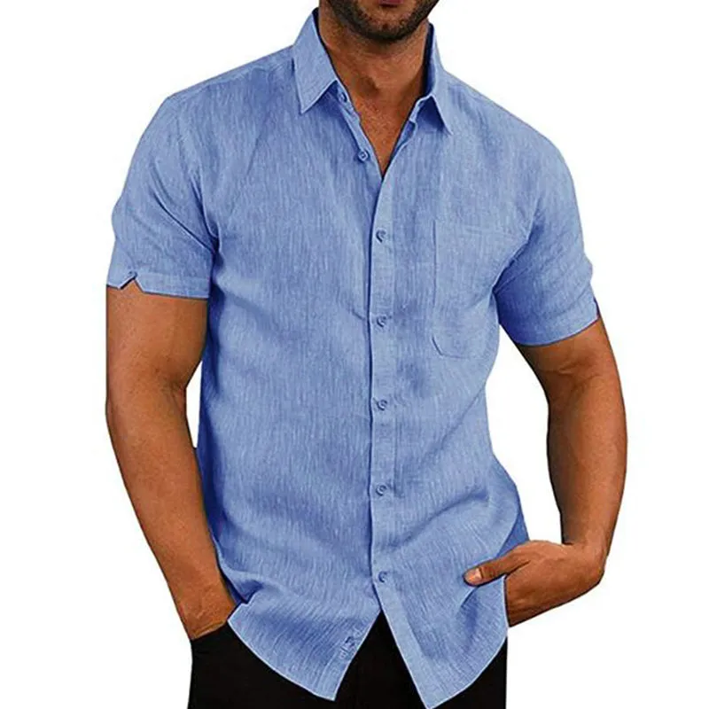 Men's Lapel Solid Color Short Sleeve Button Linen Shirt 76966962M sold by Manly product image thumbnail 4