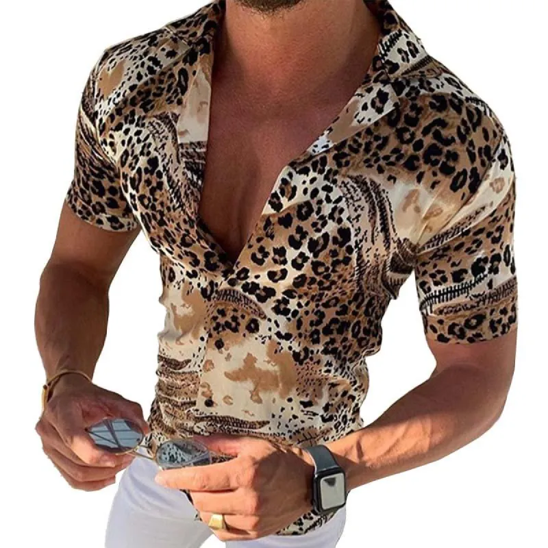 Men's Casual Leopard Print Lapel Short Sleeve Shirt 95538031M sold by Manly