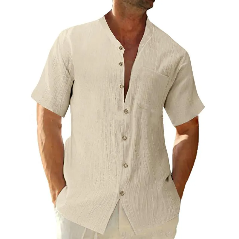 Men's Casual Stand Collar Loose Linen Solid Color Short Sleeve Shirt 84541565M sold by Manly