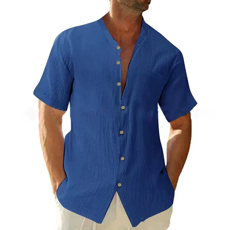Men's Casual Stand Collar Loose Linen Solid Color Short Sleeve Shirt 84541565M sold by Manly product image thumbnail 4
