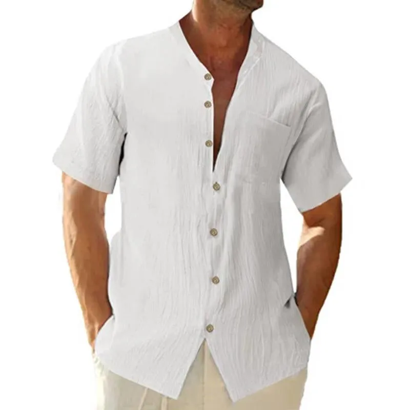 Men's Casual Stand Collar Loose Linen Solid Color Short Sleeve Shirt 84541565M sold by Manly product image thumbnail 3