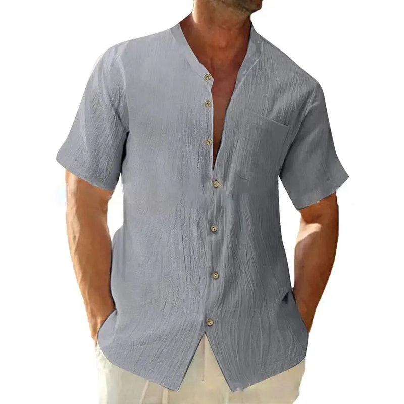 Men's Casual Stand Collar Loose Linen Solid Color Short Sleeve Shirt 84541565M sold by Manly product image thumbnail 2