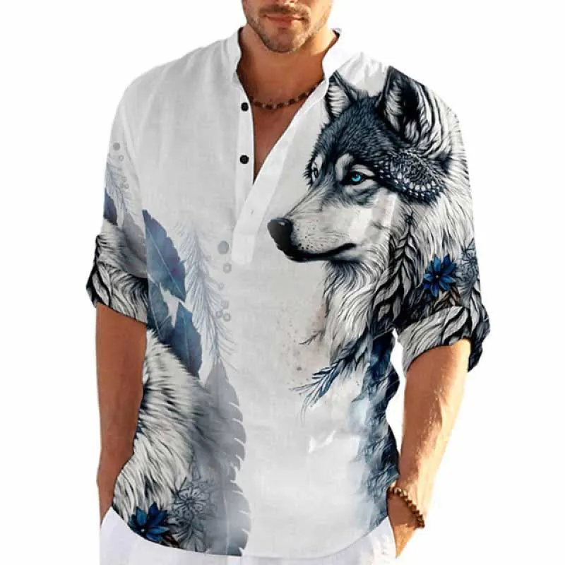 Men's Printed Beach Vacation Long Sleeve Stand Collar Shirt 82790184X sold by Manly