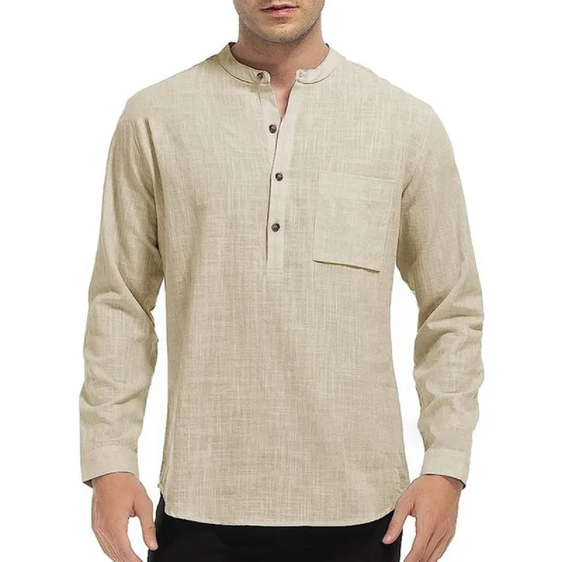 Men's Casual Solid Color Henley Collar Breast Pocket Long Sleeve Shirt 76513565Y sold by Manly