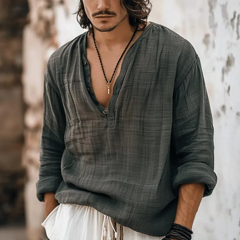 Men's Linen Solid Button V-Neck Long Sleeve Shirt 22584949Y sold by Manly product image thumbnail 3