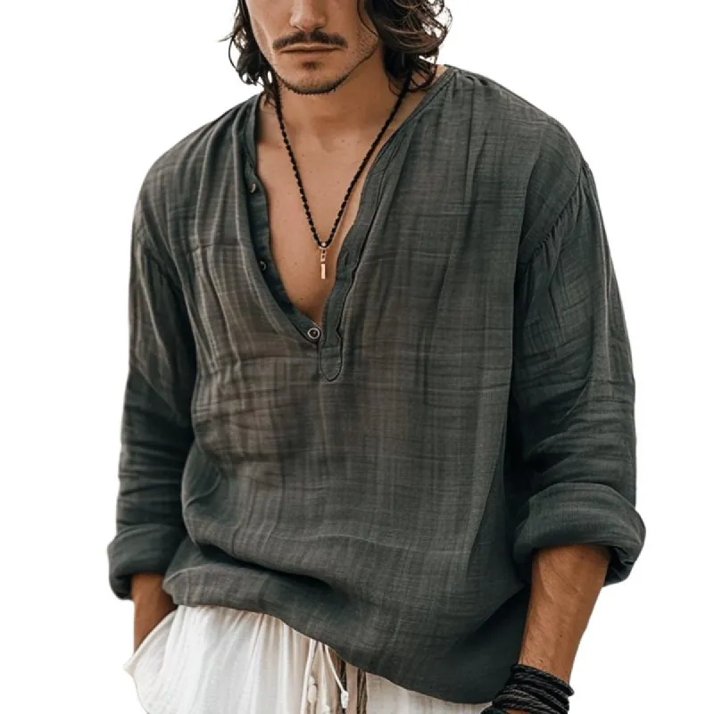 Men's Linen Solid Button V-Neck Long Sleeve Shirt 22584949Y sold by Manly