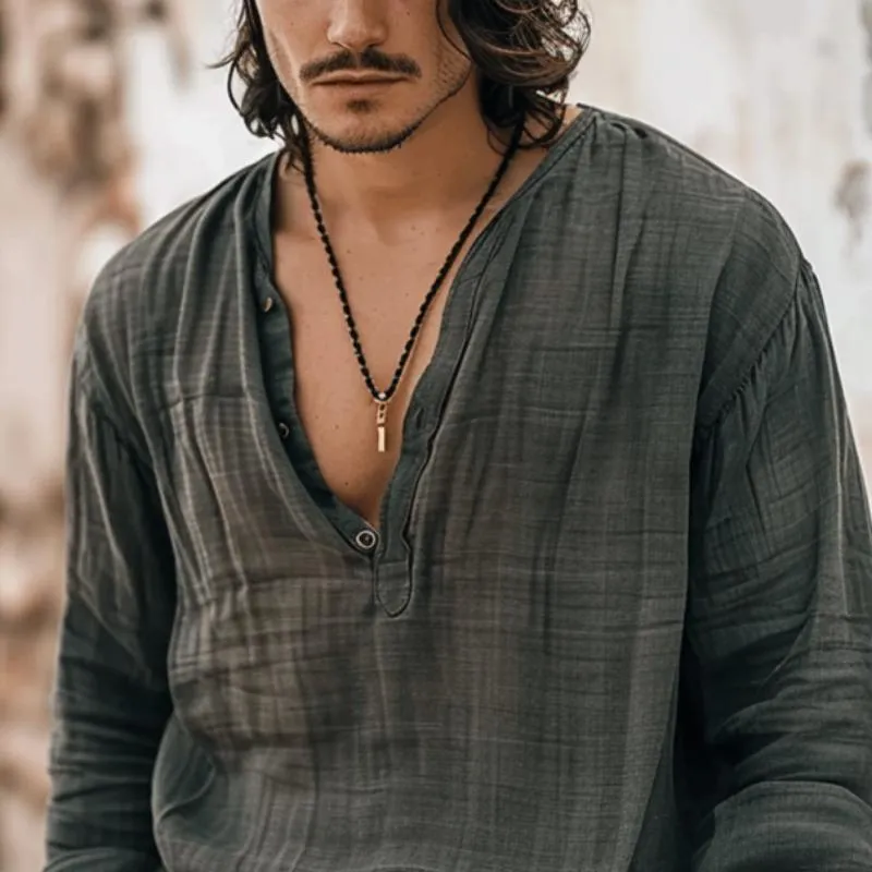 Men's Linen Solid Button V-Neck Long Sleeve Shirt 22584949Y sold by Manly product image thumbnail 2