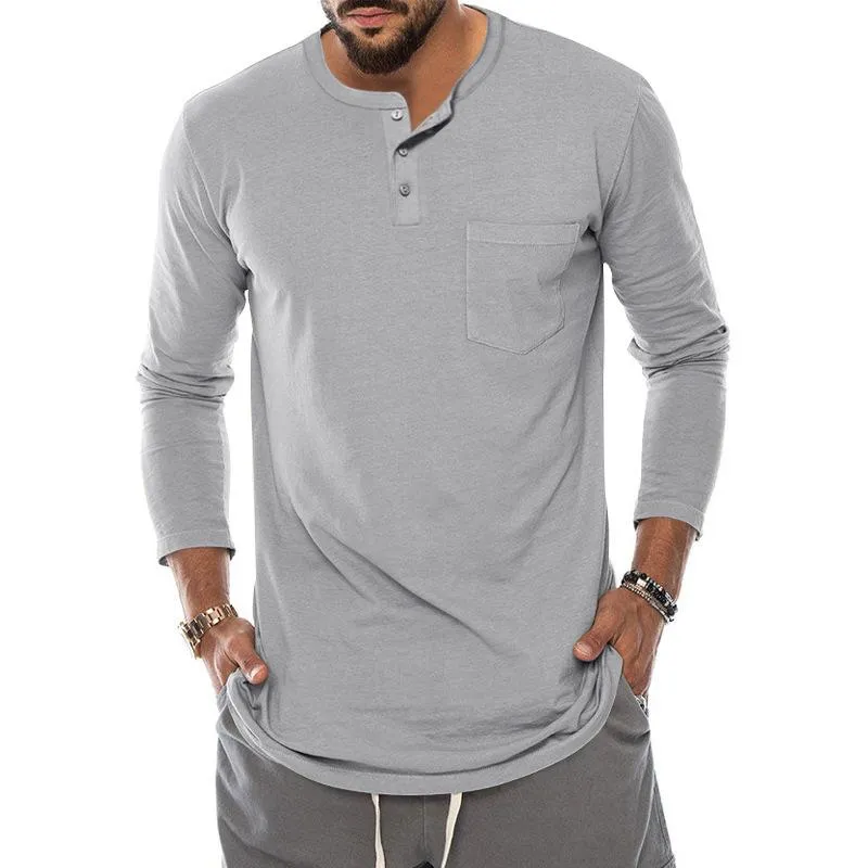 Men's Casual Solid Color Henley Collar Breast Pocket Long Sleeve T-Shirt 66362092Y sold by Manly