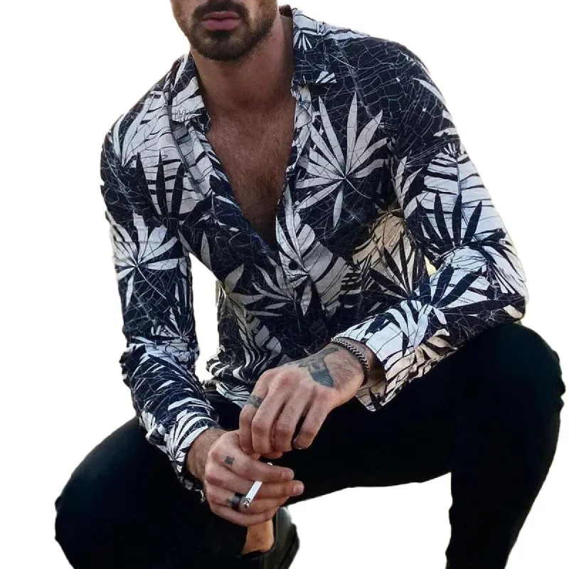 Men's Vintage Leaf Print Lapel Long Sleeve Shirt 22573120Y made by Manly