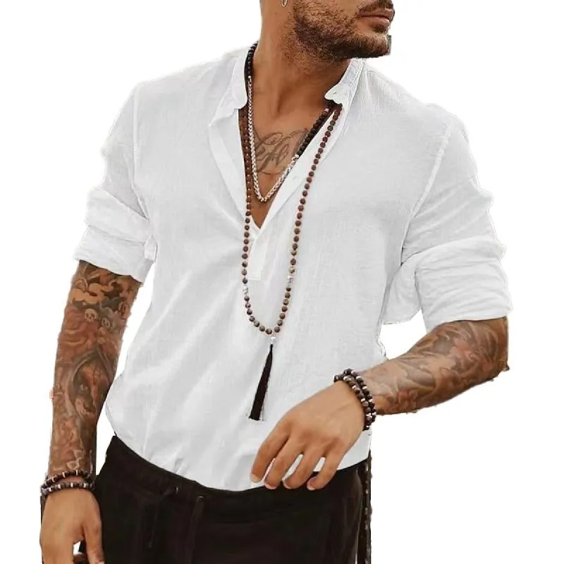 Men's Cotton Henley Shirt Stand Collar Long Sleeve Solid Color Shirt 22600878X sold by Manly