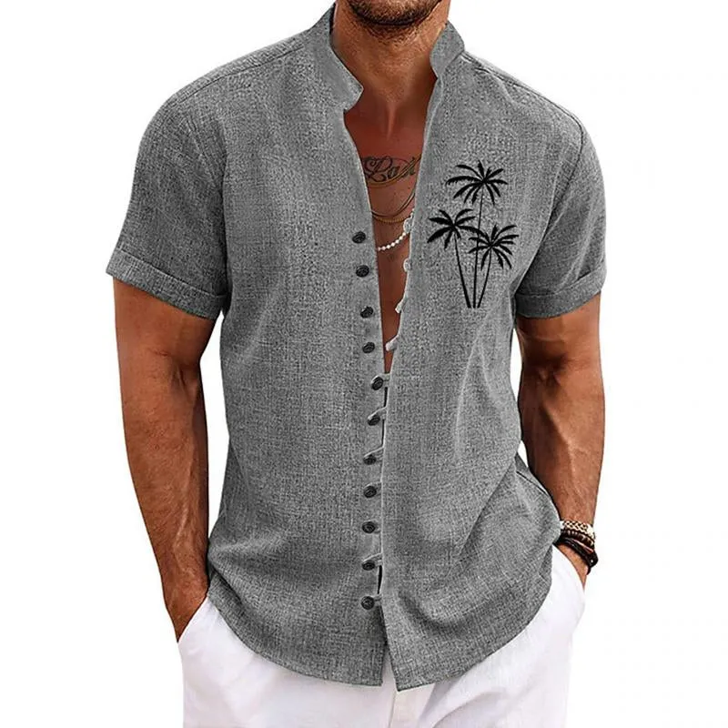Men's Retro Coconut Tree Print Standing Collar Short Sleeved Shirt 04513476Y sold by Manly