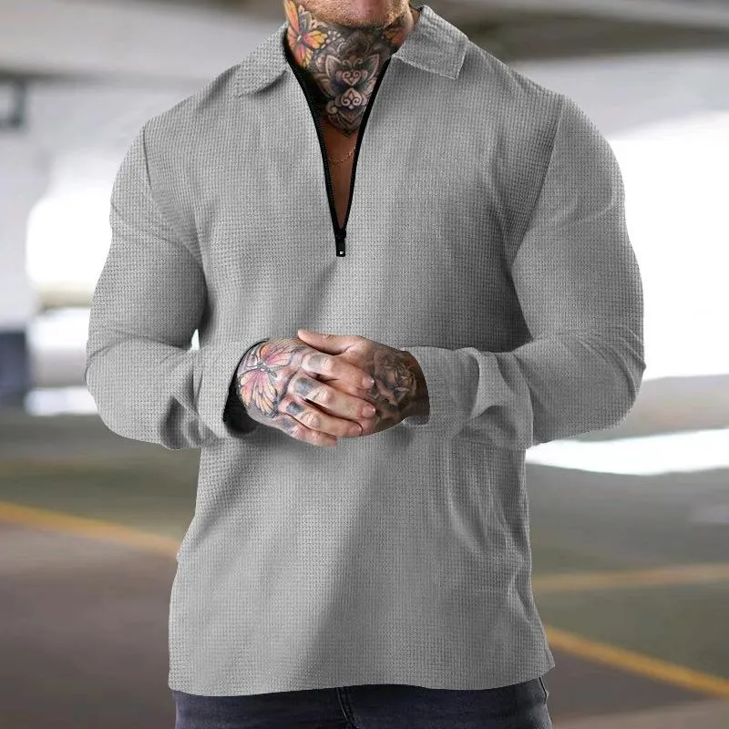 Men's Solid Waffle Zipper Lapel Long Sleeve Polo Shirt 15174557Z sold by Manly product image thumbnail 2