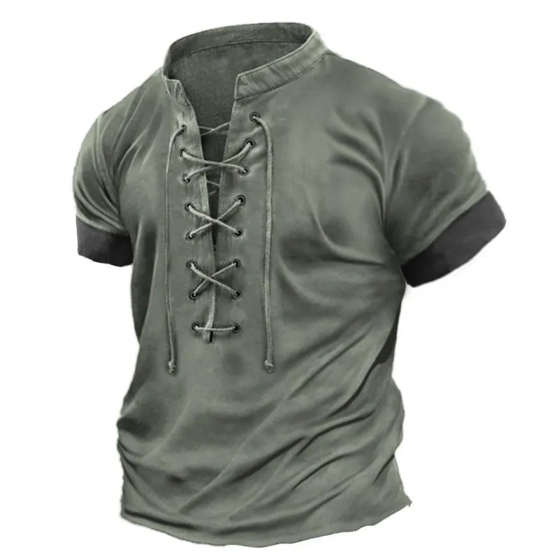 Men's Casual Vintage Lace Up Colorblock Short Sleeve T-Shirt 11159275Y sold by Manly product image thumbnail 2